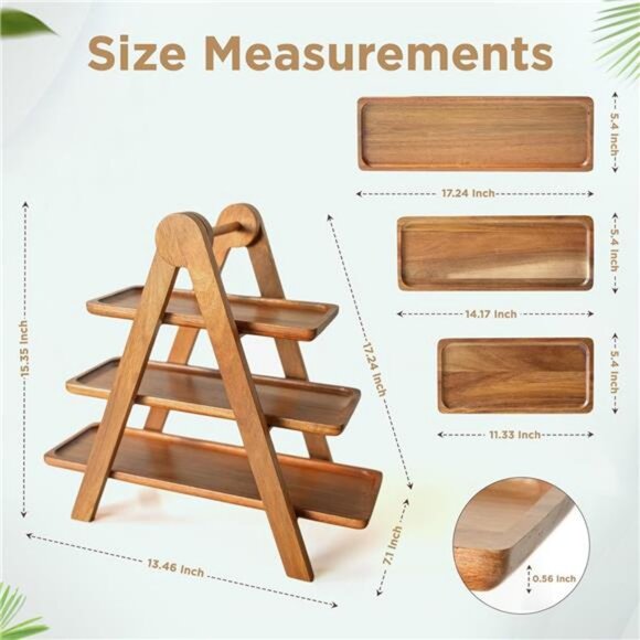 3 Tier Wooden Serving Tray, Set of 2 Tongs Free, Tiered Serving Trays & Platters - Picture 4 of 8